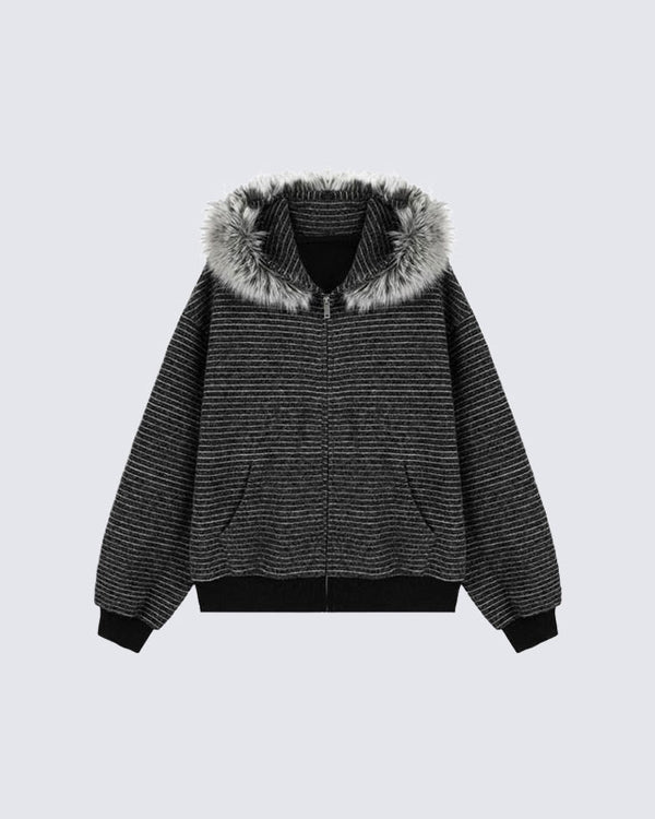 Striped Hoodie Jacket with Fur Trim
