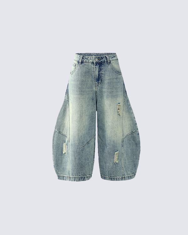 Distressed Wide-Leg Denim Cargo Shorts