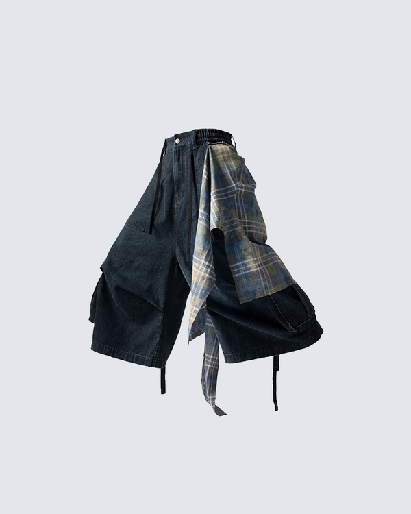 Denim Hybrid Cargo Pants with Plaid Detailing