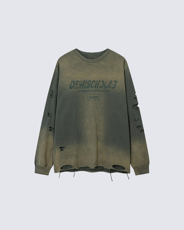 Distressed Gradient Long Sleeve Crew Neck