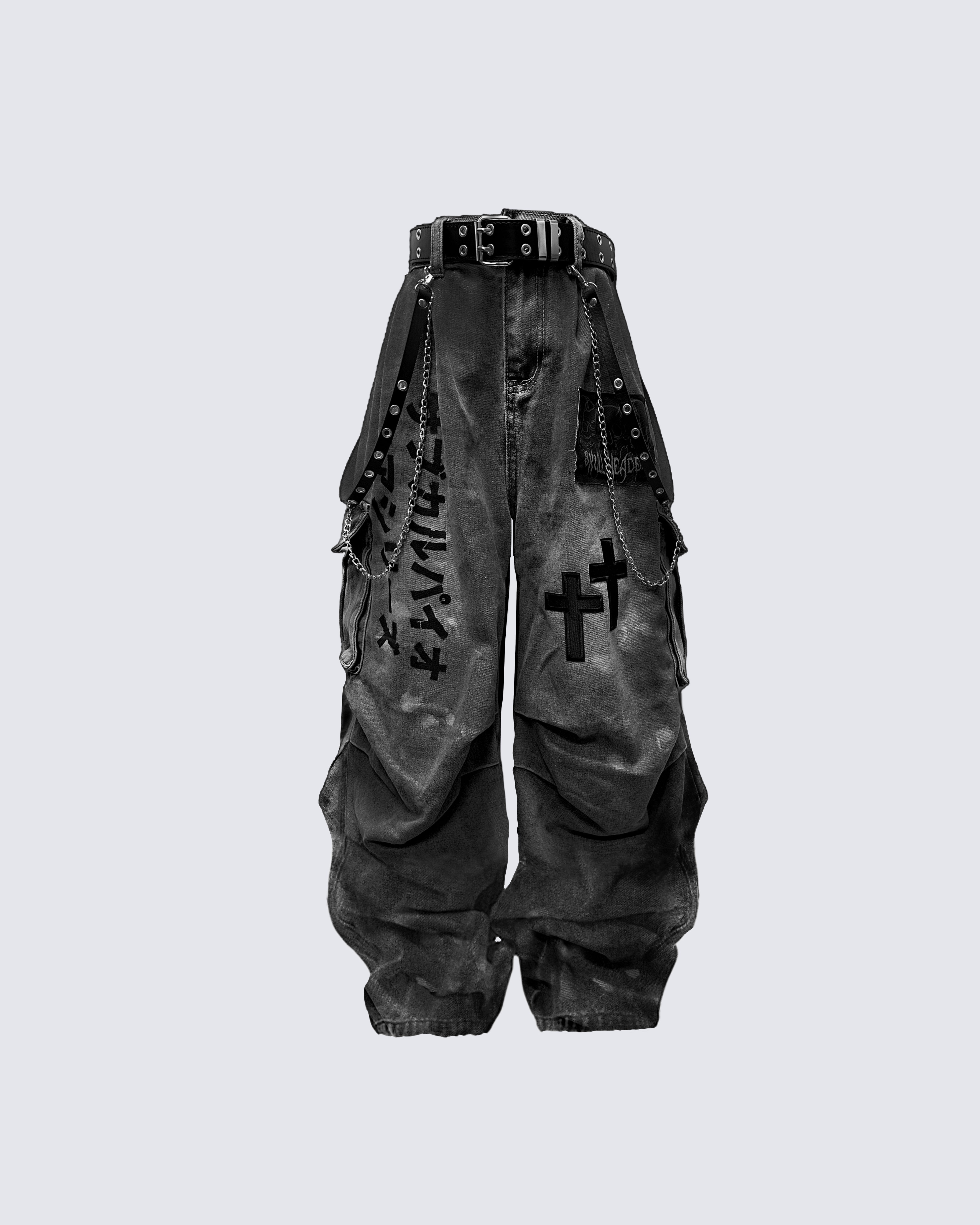 Dark Graffiti Patchwork Cargo Jeans - Y2K Streetwear & Gothic