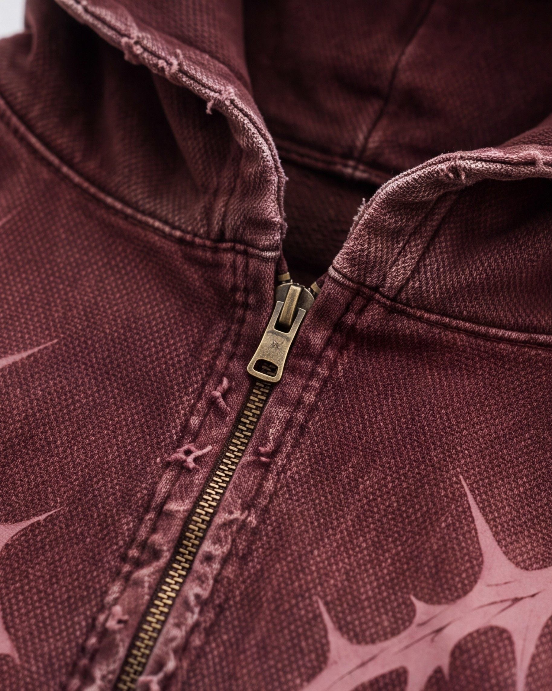 KIIKIO Faded Burgundy Distressed Zip-Up Hoodie