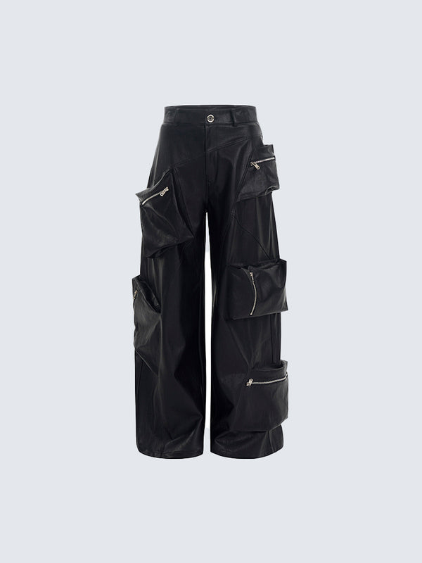 Edgy Black Leather Cargo Pants with Zipper Pockets