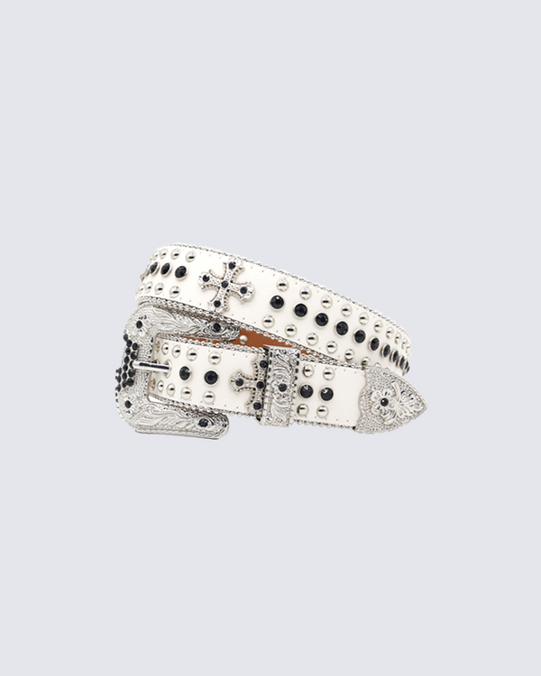 Gothic Cross Studded Belt – White Leather Punk Waist Accessory