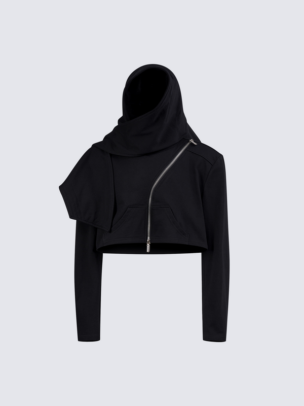 Asymmetric Draped Hooded Crop Zip-Up Sweatshirt