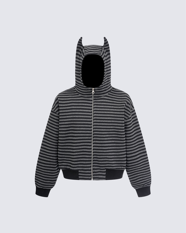 Devil-Horn Striped Hooded Jacket