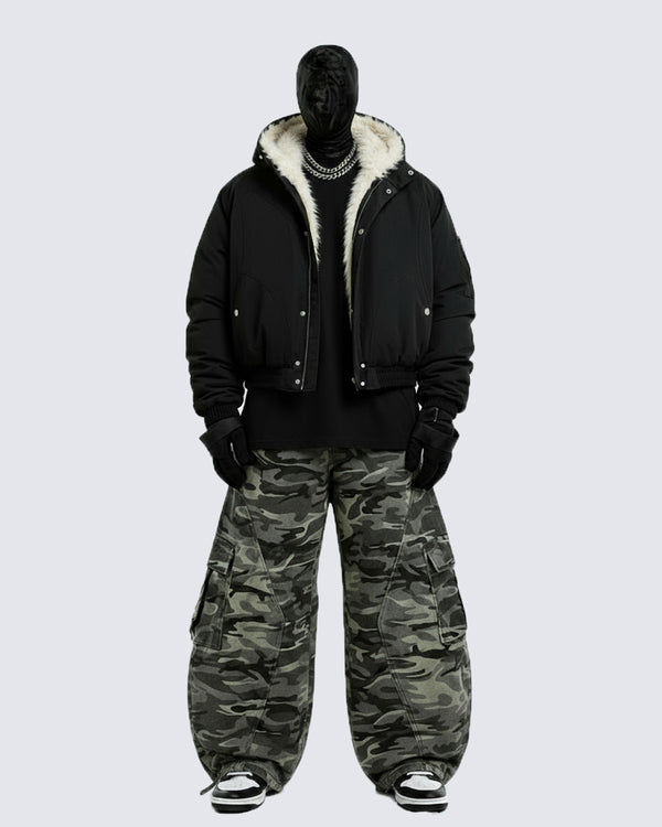 Camouflage Cargo Pants with Fur-Collar Jacket