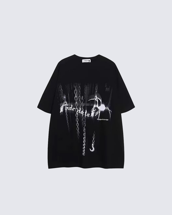 Gothic Chain Print Oversized Black T-Shirt