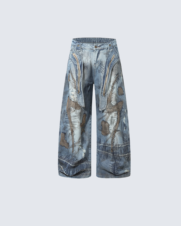 Heavy Stitch Patchwork Wide-Leg Jeans – Distressed Y2K Vintage Denim