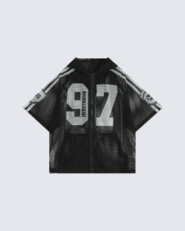 Mesh Zip-Up Graphic Hooded Shirt