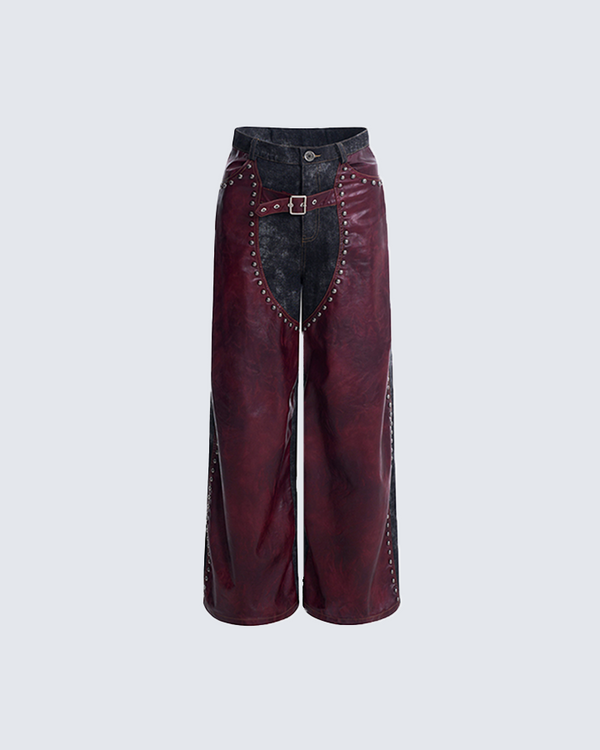 Burgundy and Black Studded Leather Pants