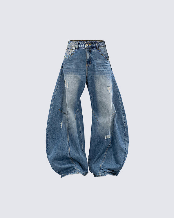 Pleated Blade-Cut Washed Jeans