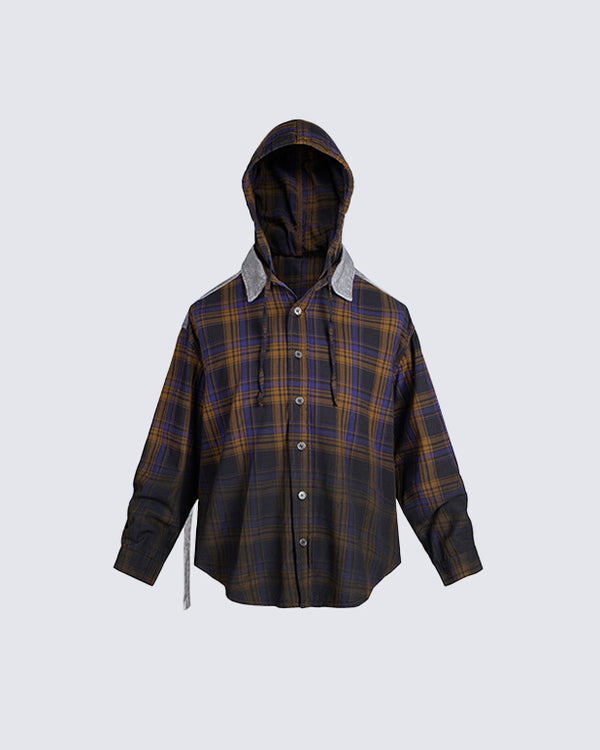 Denim-Hooded Plaid Hybrid Shirt