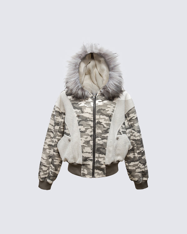 Camouflage Faux Fur Hooded Jacket