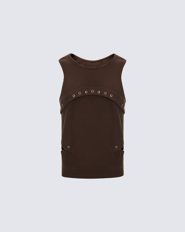 Ribbed Tank Top with Eyelet Detailing