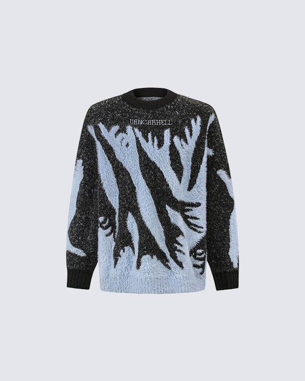 Jacquard Branch Pattern Textured Knit Sweater