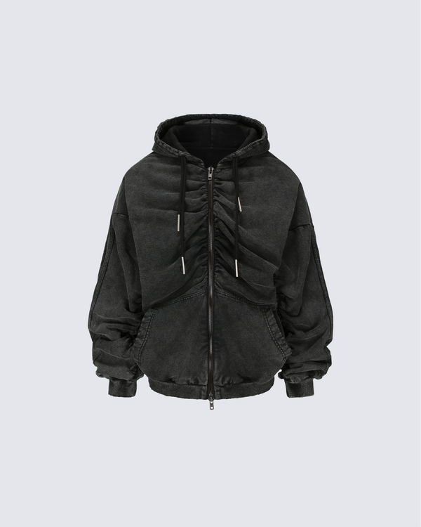 Ruched Washed Black Oversized Zip Hoodie