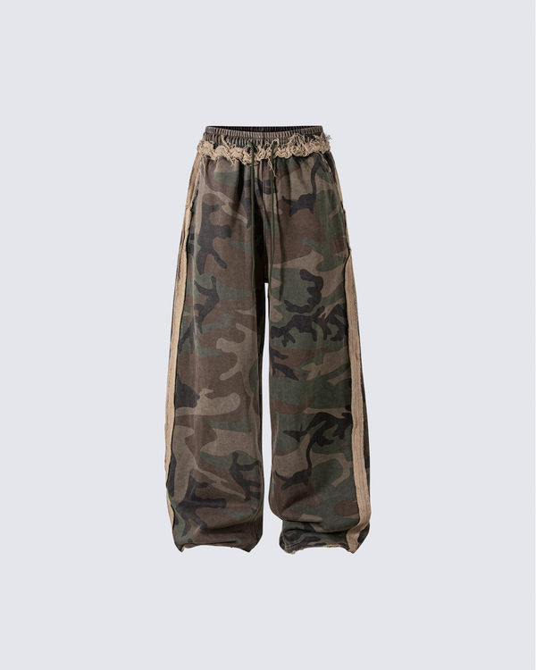 Fringe Waist Camouflage Wide-Leg Pants