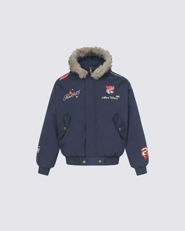 Faux Fur Collared Bomber Jacket with Embroidery