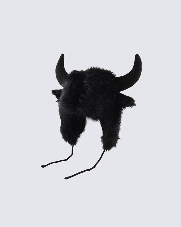 Black Horn Faux Fur Trapper Hat