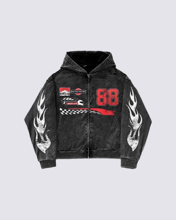 Racing Graphic Flame Hoodie – Washed Streetwear Zip-Up