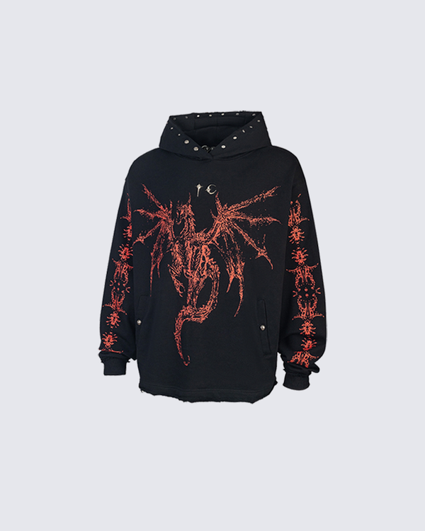 Studded Dragon Print Cotton Hoodie