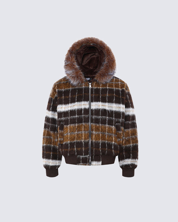 Vintage Checkered Patchwork Large Fur Collar Cotton Coat