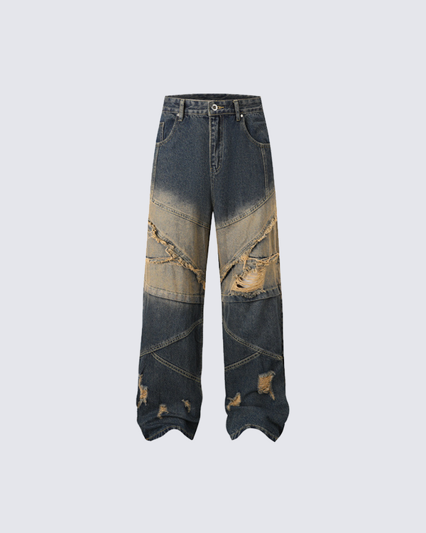 Distressed Patchwork Wide-Leg Jeans