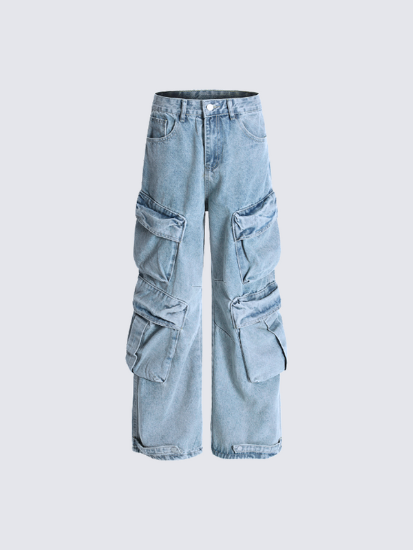 Oversized Multi-Pocket Washed Cargo Jeans