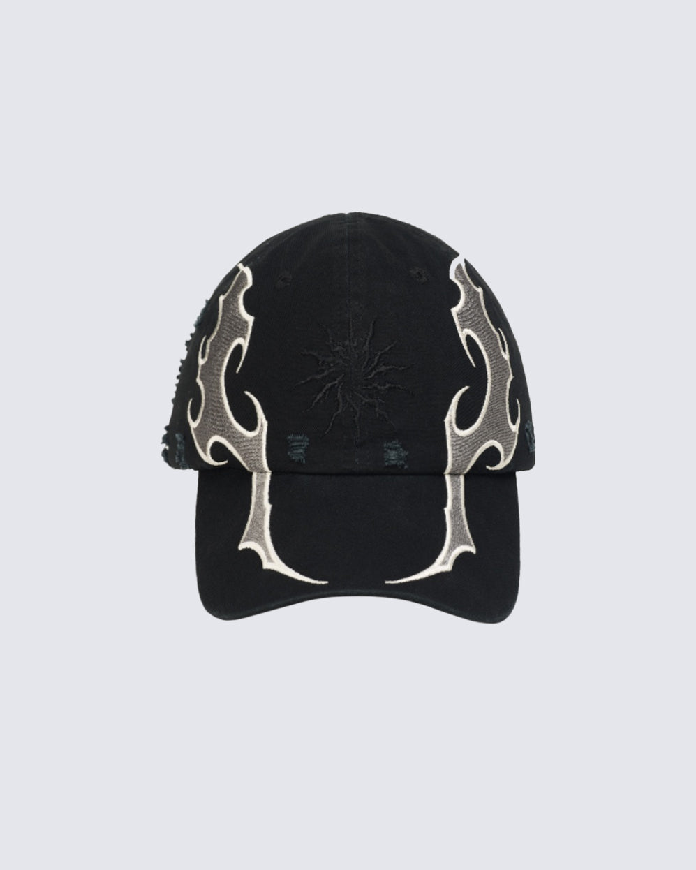 KIIKIO black baseball cap featuring a unique flame design and sun embroidery for an edgy streetwear look.