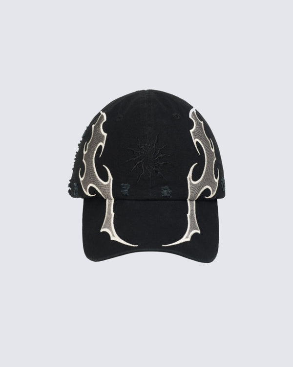 KIIKIO black baseball cap featuring a unique flame design and sun embroidery for an edgy streetwear look.