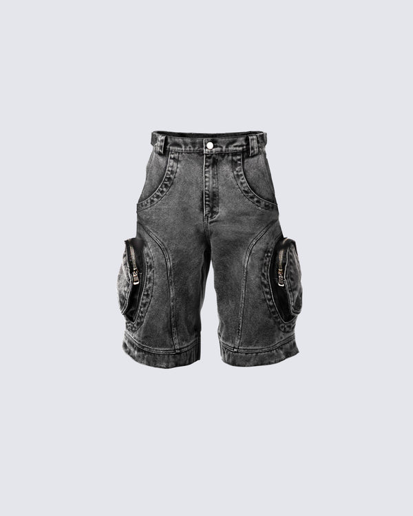 KIIKIO grey distressed shorts with large zippered pockets, designed for an edgy streetwear look with a rugged, durable aesthetic.