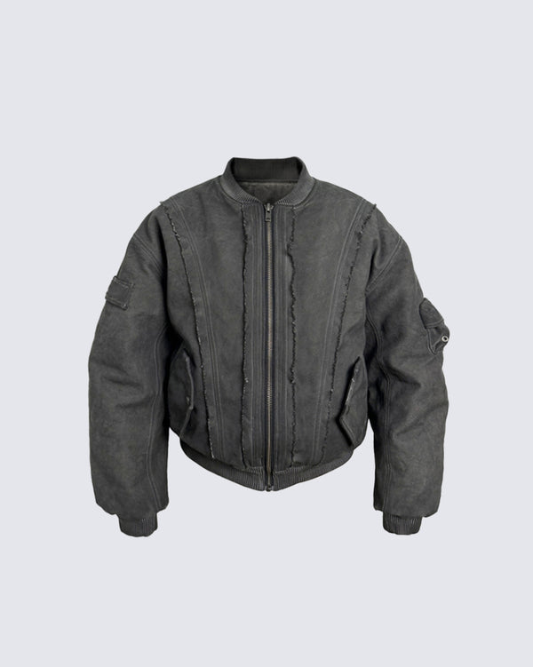 KIIKIO vintage street style bomber jacket in black with distressed details and a rugged, modern design for a bold streetwear look.