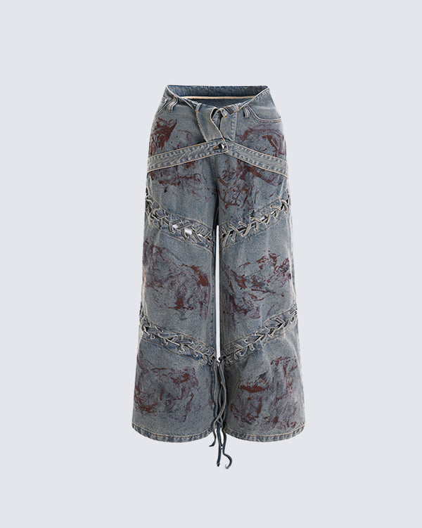 Vintage Hollow-Out Lace-Up Denim Pants