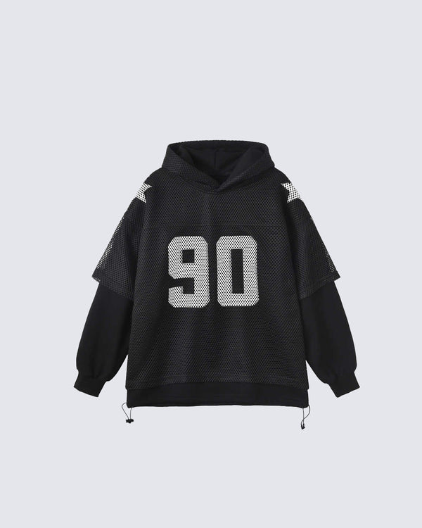 Faux Two-Piece Mesh Letter Hoodie