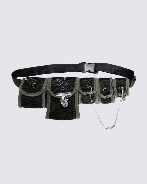 Multi-Pocket Tactical Waist Bag with Chain and Safety Pins