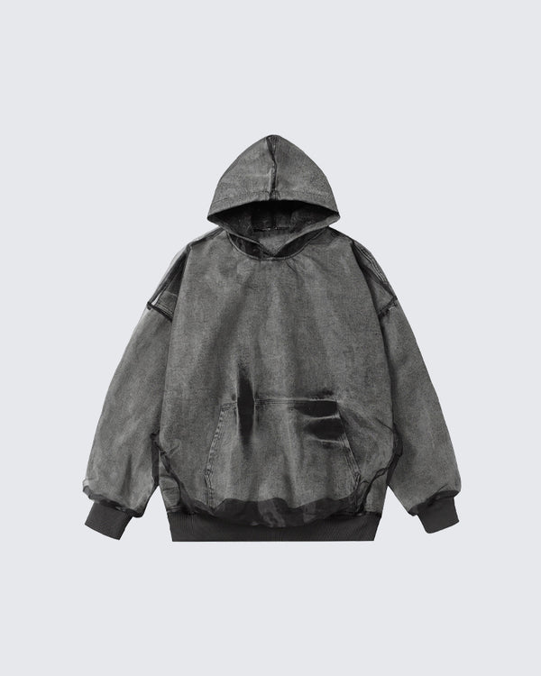 Layered Mesh Design Denim Hoodie