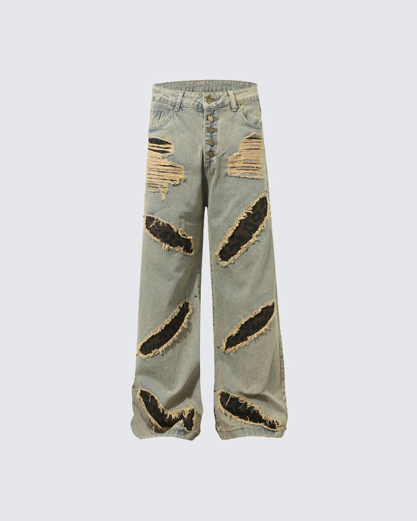 Post-Apocalyptic Printed Distressed Floor-Length Jeans