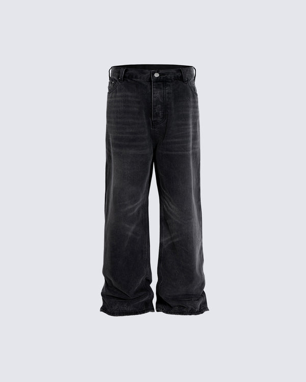 Large Baggy Waxed Shiny Salt-Wash Scanned Jeans