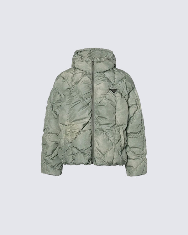 Heavy Pleated Diamond Quilted Hooded Down Jacket