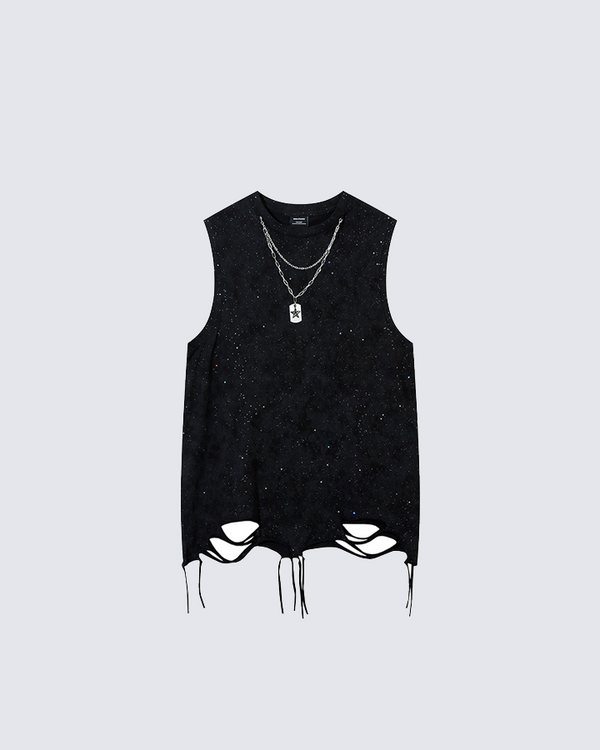 Distressed Sleeveless Top with Chain Necklace - Black & White