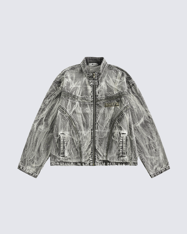 Vintage Wash Denim Bomber Jacket - Back Numbered Design