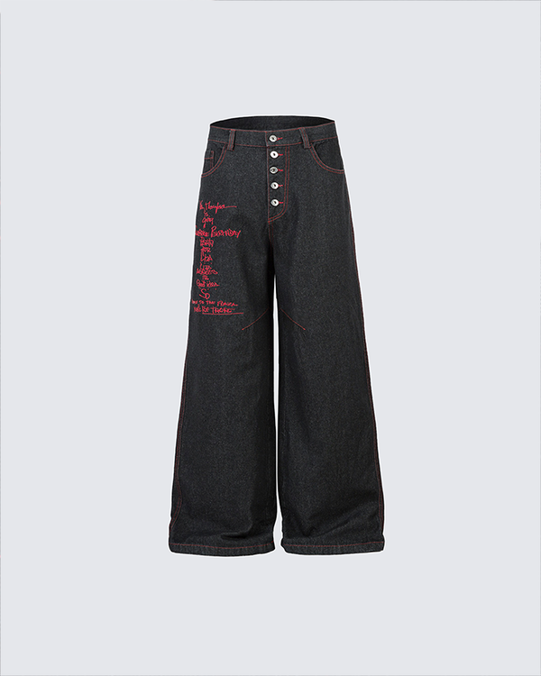 Gothic Red Stitch Wide-Leg Denim Pants