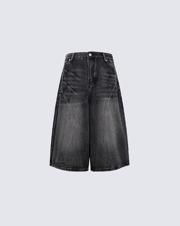 Distressed Wide-Leg Denim Cargo Shorts