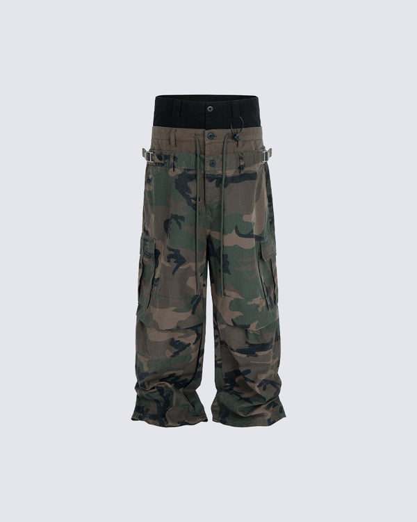 Triple-Waist Panel Distressed Washed Camouflage Cargo Pants
