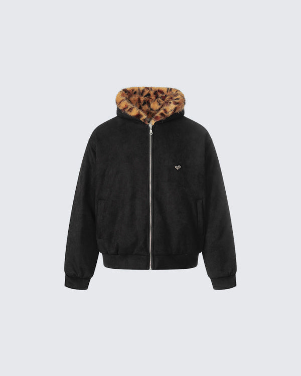 Faux Fur Collar and Ears Hooded Zip-Up Jacket