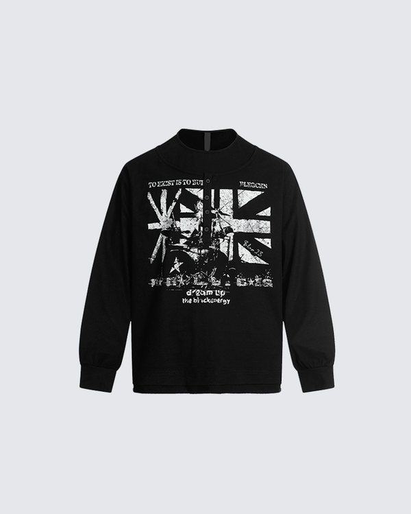 Punk Graphic Buttoned Collar Cotton Long Sleeve T-Shirt
