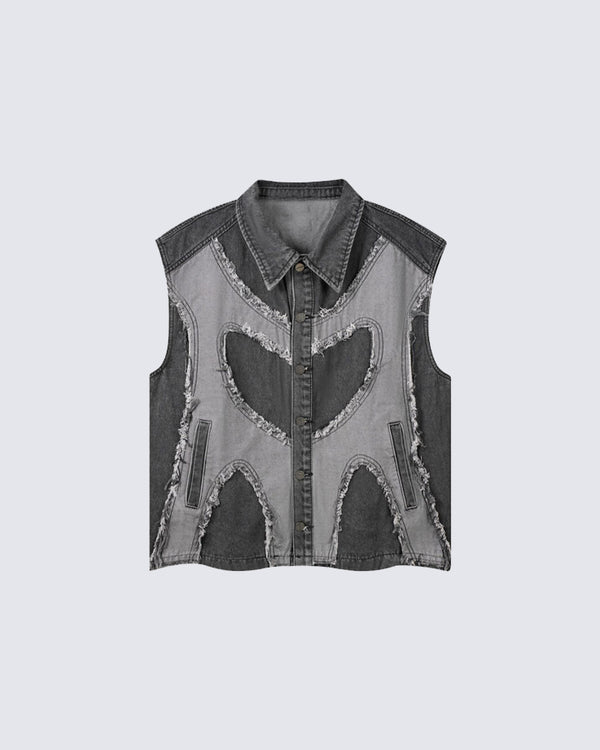 Washed Patchwork Heavy Denim Vest