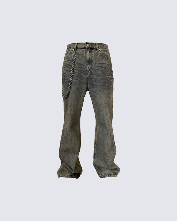 Whiskered Flared Washed Denim Jeans