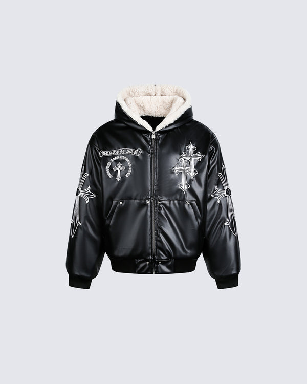Vintage Biker Gothic Cross Faux Leather Padded Jacket